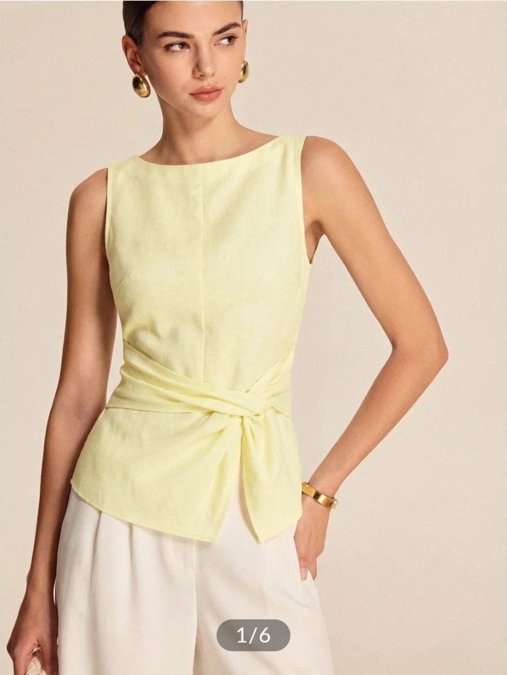 NWT Commense Yellow Twisted Waist Linen Blend Sleeveless Blouse, Medium